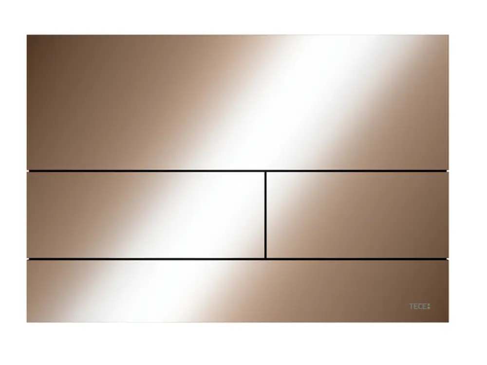 TECE WC-Betätigungsplatte in Rotgold mit einem minimalistischen Design, bestehend aus mehreren horizontalen Elementen und einem zentralen Bedienfeld.